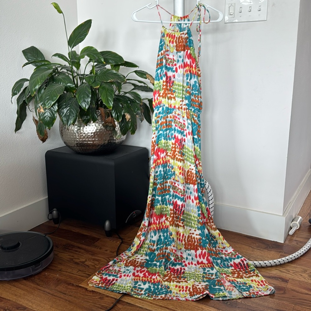 Lovestitch Colorful Halter Maxi Dress Sz M Front Slit ties on the shoulder